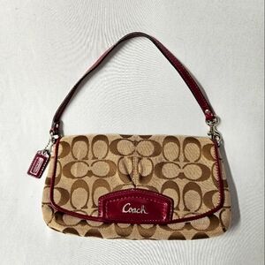 Coach Signature Jacquard w/ Burgundy Leather Large Flap Clutch/Wallet